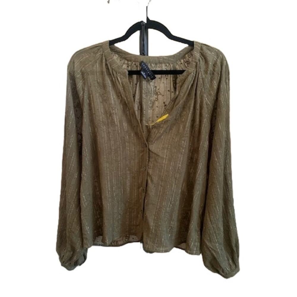 Sanctuary Womens Olive Green Metallic Stripe Embroidered Boho Blouse M CB2510CW2